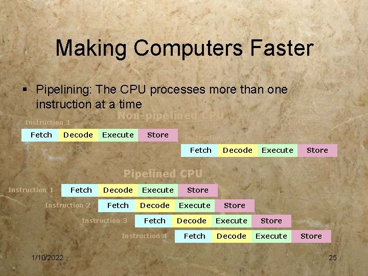 Making Computers Faster § Pipelining: The CPU processes more than one instruction at a