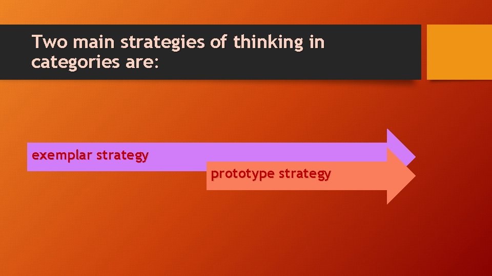 Two main strategies of thinking in categories are: exemplar strategy prototype strategy 