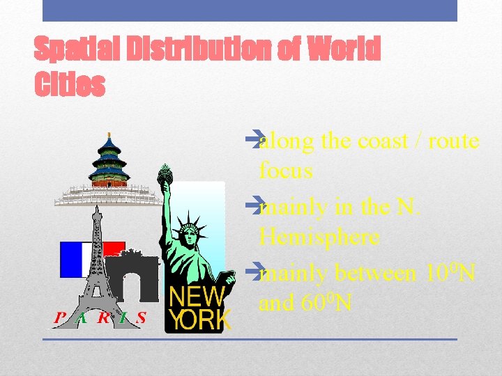 Spatial Distribution of World Cities èalong the coast / route focus èmainly in the