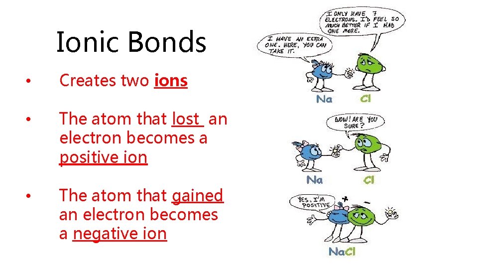 Ionic Bonds • Creates two ions • The atom that lost an electron becomes