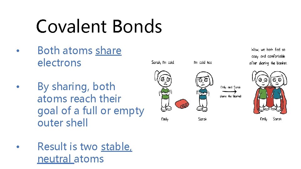 Covalent Bonds • Both atoms share electrons • By sharing, both atoms reach their