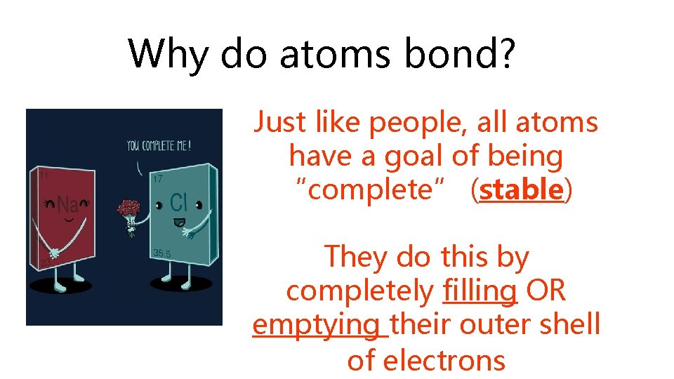 Why do atoms bond? Just like people, all atoms have a goal of being