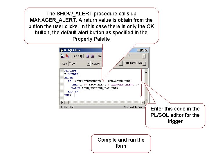 The SHOW_ALERT procedure calls up MANAGER_ALERT. A return value is obtain from the button