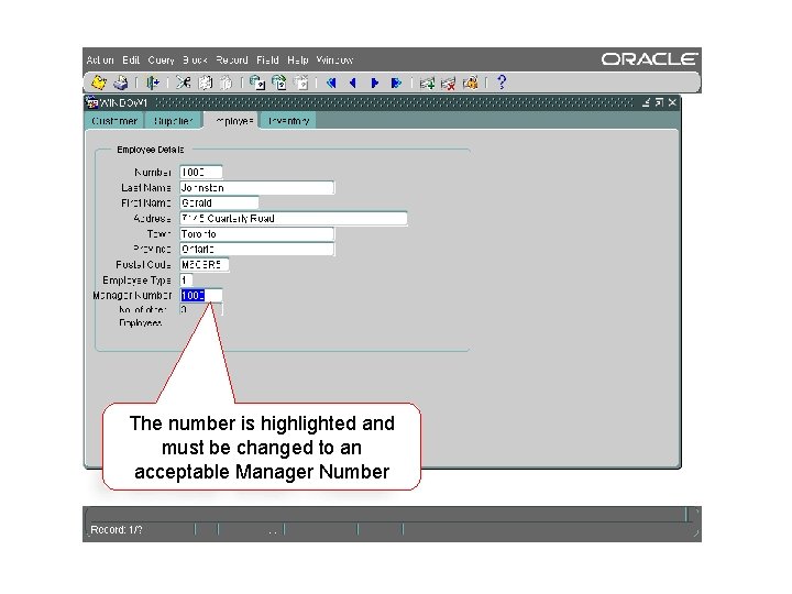 The number is highlighted and must be changed to an acceptable Manager Number 