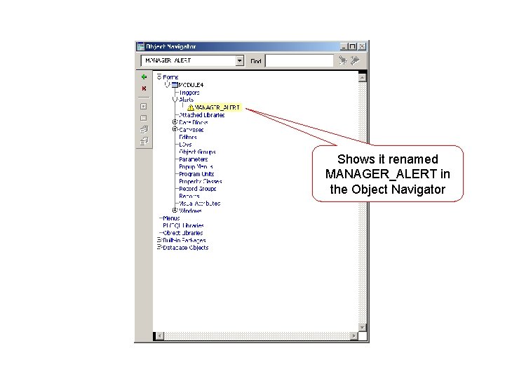 Shows it renamed MANAGER_ALERT in the Object Navigator 