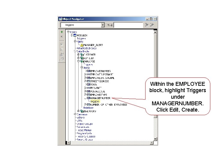 Within the EMPLOYEE block, highlight Triggers under MANAGERNUMBER. Click Edit, Create. 