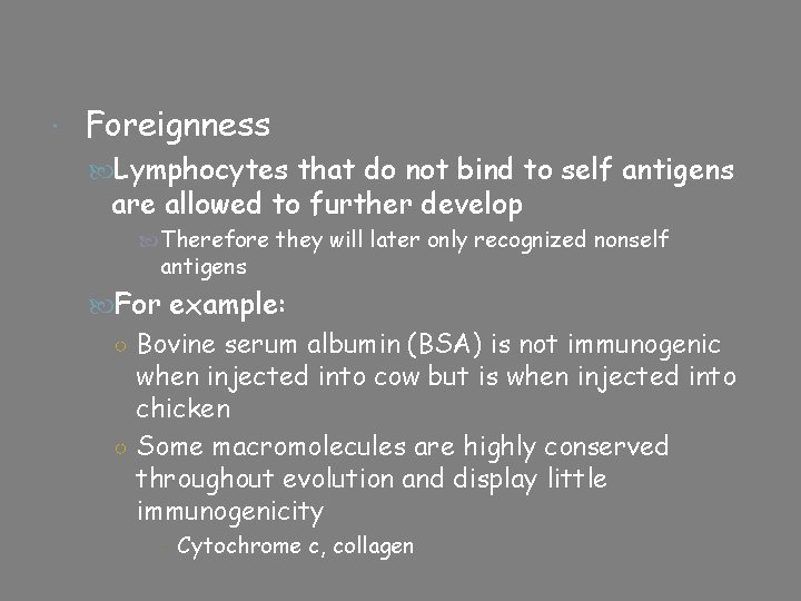  Foreignness Lymphocytes that do not bind to self antigens are allowed to further