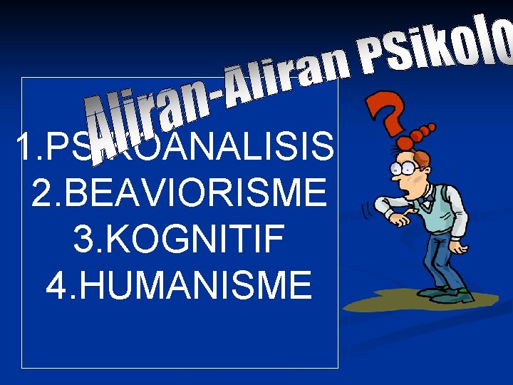 1. PSIKOANALISIS 2. BEAVIORISME 3. KOGNITIF 4. HUMANISME 