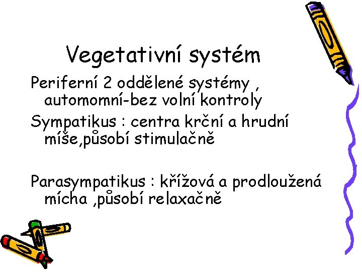 Vegetativní systém Periferní 2 oddělené systémy , automomní-bez volní kontroly Sympatikus : centra krční