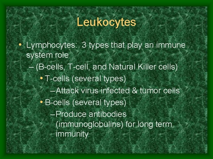 Leukocytes • Lymphocytes: 3 types that play an immune system role – (B-cells, T-cell,