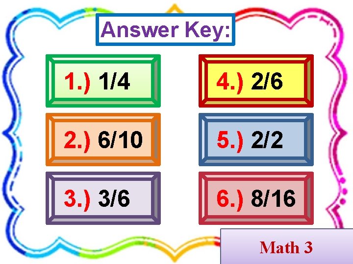 Answer Key: 1. ) 1/4 4. ) 2/6 2. ) 6/10 5. ) 2/2