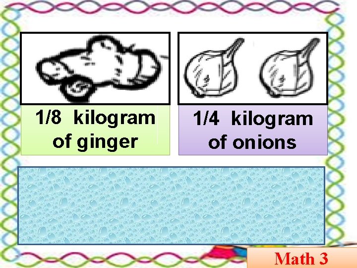 1/8 kilogram of ginger 1/4 kilogram of onions Let us use some drawings to