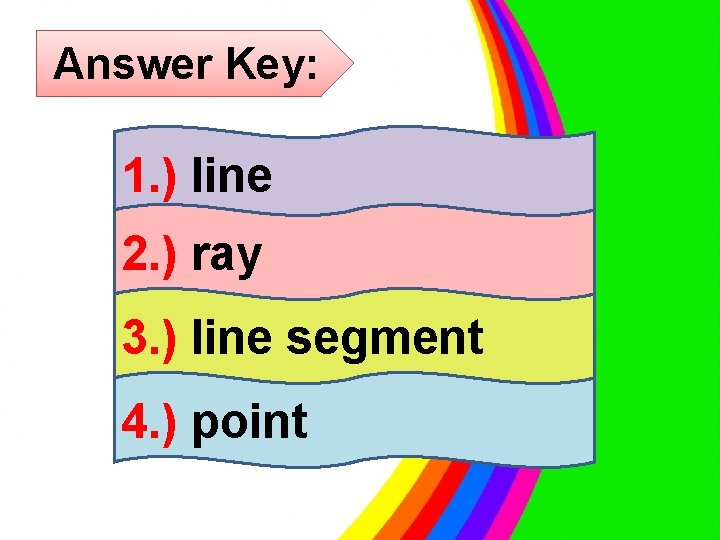 Answer Key: 1. ) line 2. ) ray 3. ) line segment 4. )