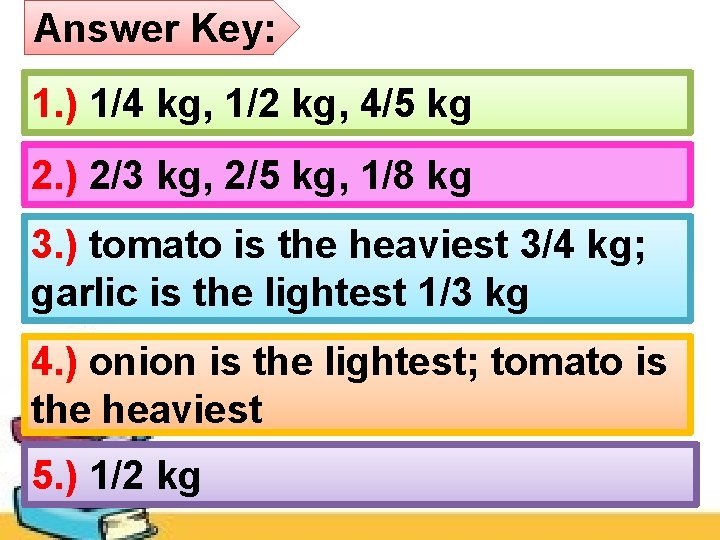 Answer Key: 1. ) 1/4 kg, 1/2 kg, 4/5 kg 2. ) 2/3 kg,