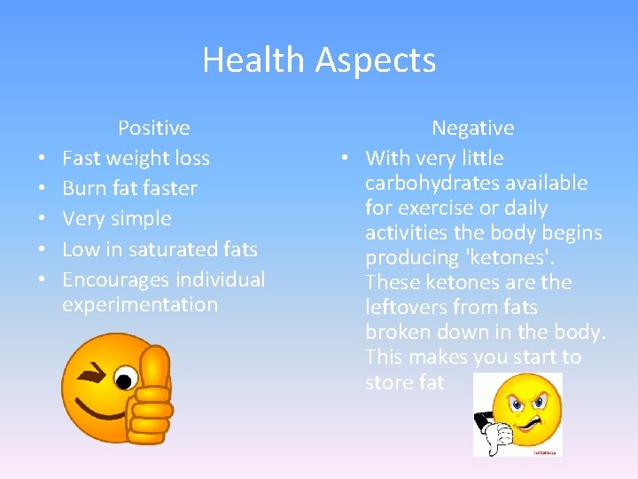 Health Aspects • • • Positive Fast weight loss Burn fat faster Very simple