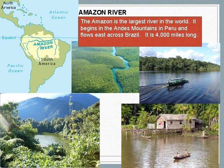 AMAZON RIVER The Amazon is the largest river in the world. It begins in