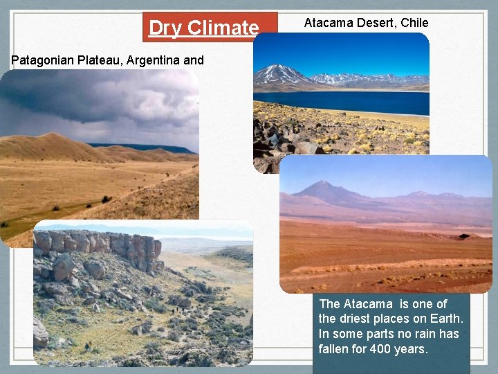 Dry Climate Atacama Desert, Chile Patagonian Plateau, Argentina and Chile The Atacama is one
