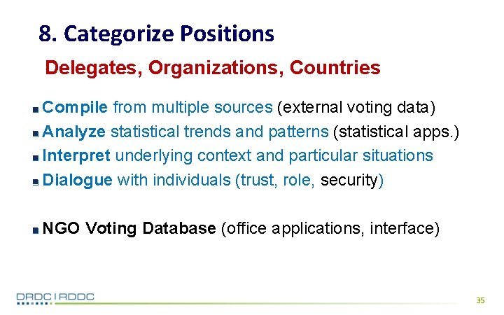 8. Categorize Positions Delegates, Organizations, Countries Compile from multiple sources (external voting data) Analyze