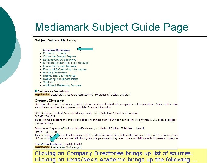 Mediamark Subject Guide Page Clicking on Company Directories brings up list of sources. Clicking