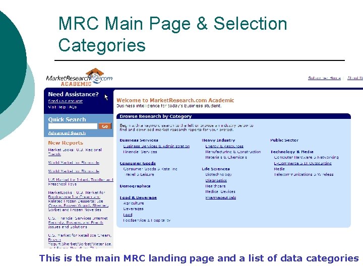 MRC Main Page & Selection Categories This is the main MRC landing page and