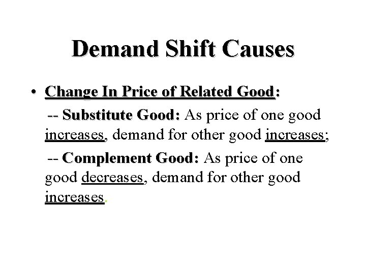 Demand Shift Causes • Change In Price of Related Good: -- Substitute Good: As