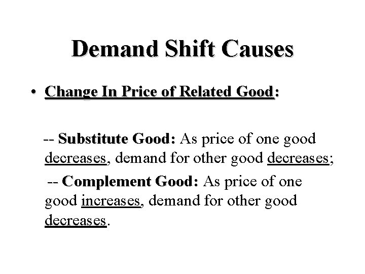Demand Shift Causes • Change In Price of Related Good: -- Substitute Good: As