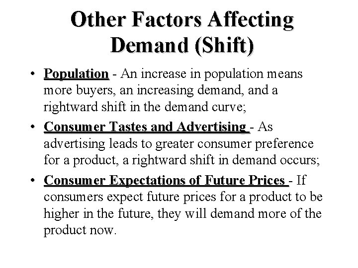 Other Factors Affecting Demand (Shift) • Population - An increase in population means more