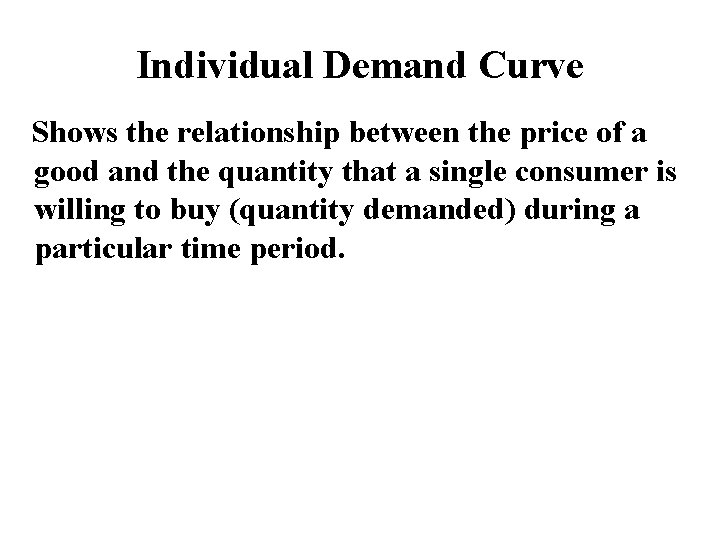 Individual Demand Curve Shows the relationship between the price of a good and the