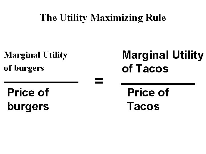 The Utility Maximizing Rule Marginal Utility of burgers Price of burgers = Marginal Utility
