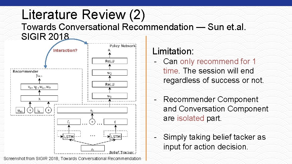 Literature Review (2) Towards Conversational Recommendation — Sun et. al. SIGIR 2018 Interaction? Limitation: