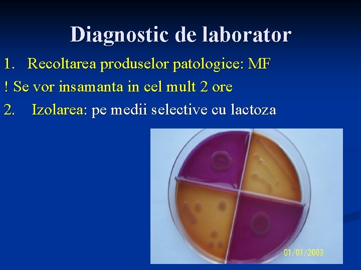 Diagnostic de laborator 1. Recoltarea produselor patologice: MF ! Se vor insamanta in cel