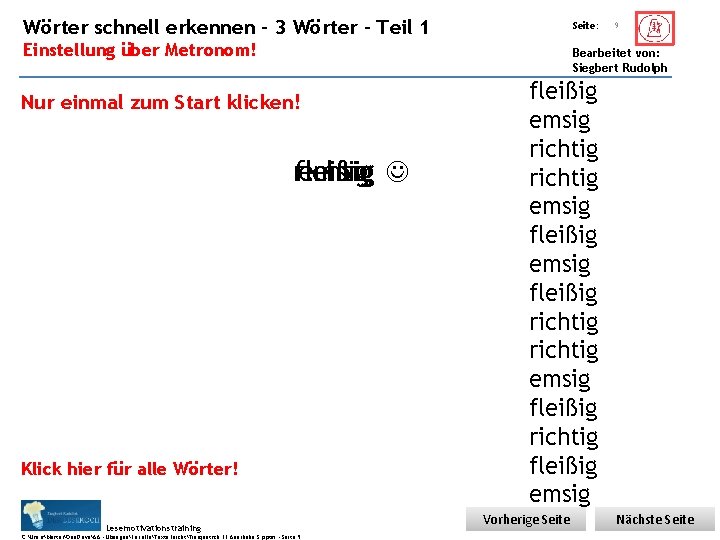 Übungsart: Wörter schnell erkennen – 3 Wörter – Teil 1 Seite: Einstellung über Metronom!