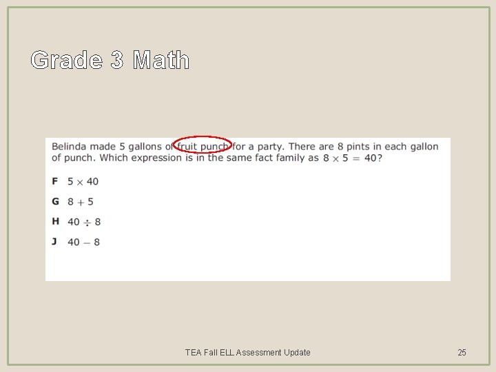 Grade 3 Math TEA Fall ELL Assessment Update 25 