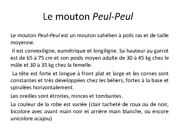 Le mouton Peul-Peul est un mouton sahélien à poils ras et de taille moyenne.