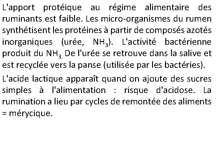 L'apport protéique au régime alimentaire des ruminants est faible. Les micro-organismes du rumen synthétisent
