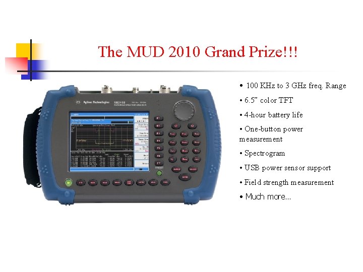 The MUD 2010 Grand Prize!!! • 100 KHz to 3 GHz freq. Range •
