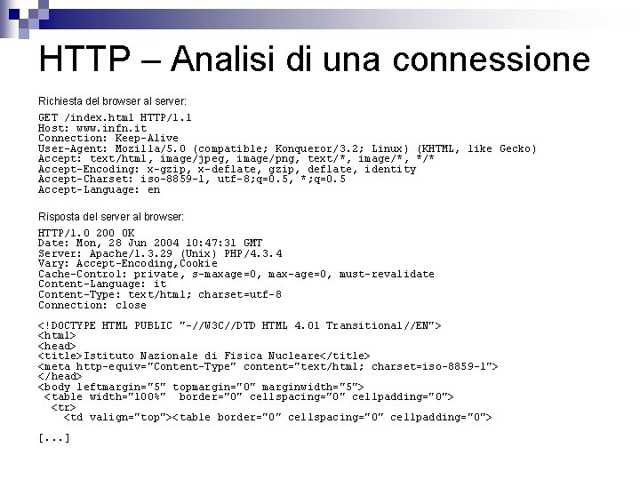 HTTP – Analisi di una connessione Richiesta del browser al server: GET /index. html