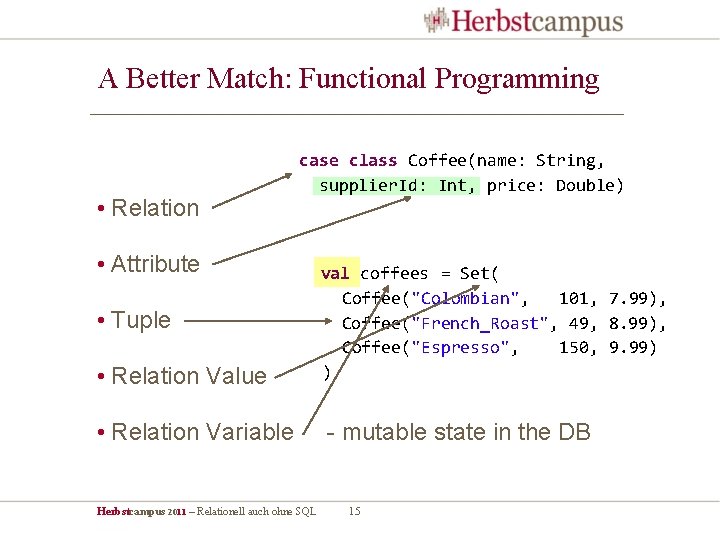 A Better Match: Functional Programming • Relation case class Coffee(name: String, supplier. Id: Int,