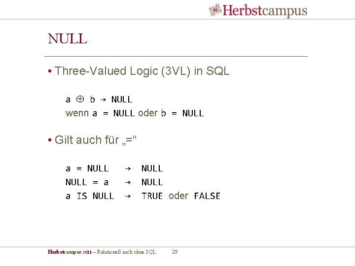 NULL • Three-Valued Logic (3 VL) in SQL a b → NULL wenn a