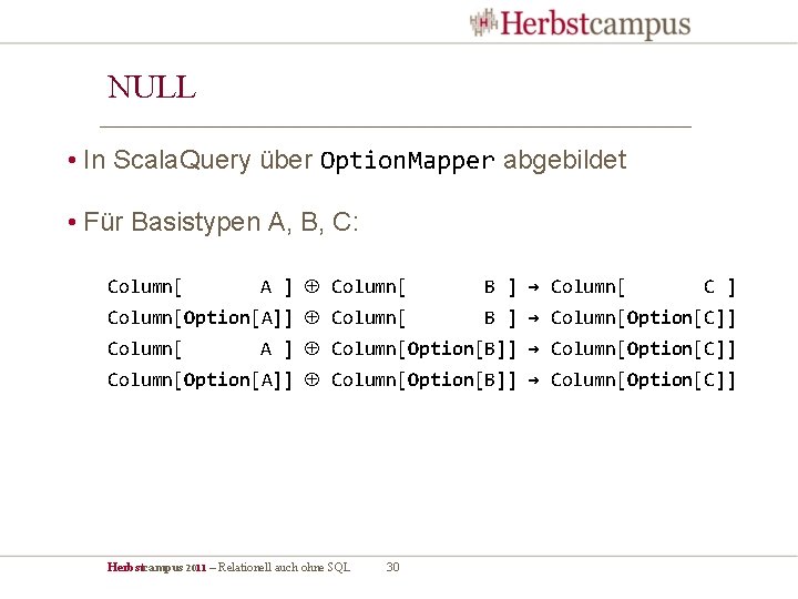 NULL • In Scala. Query über Option. Mapper abgebildet • Für Basistypen A, B,