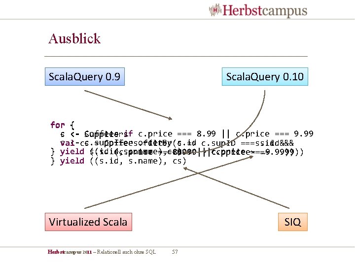 Ausblick Scala. Query 0. 9 Scala. Query 0. 10 for { c Coffees if