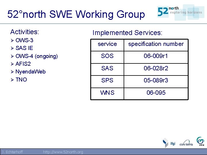 52°north SWE Working Group Activities: Implemented Services: OWS-3 Ø SAS IE Ø OWS-4 (ongoing) 52°north SWE Working Group Activities: Implemented Services: OWS-3 Ø SAS IE Ø OWS-4 (ongoing)