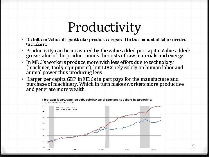 Productivity • Definition: Value of a particular product compared to the amount of labor