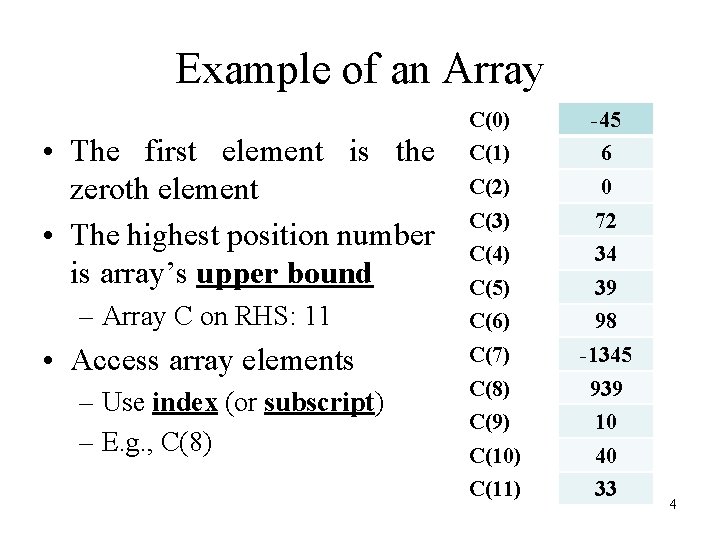 Example of an Array • The first element is the zeroth element • The