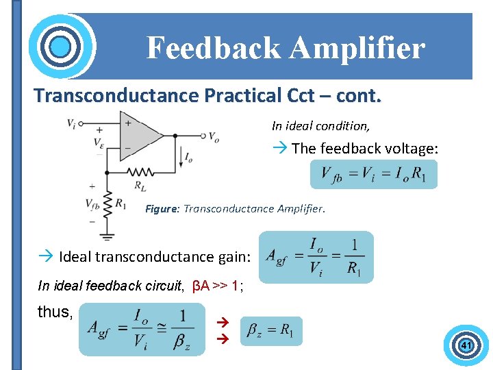 Feedback Amplifier Transconductance Practical Cct – cont. In ideal condition, The feedback voltage: Figure: