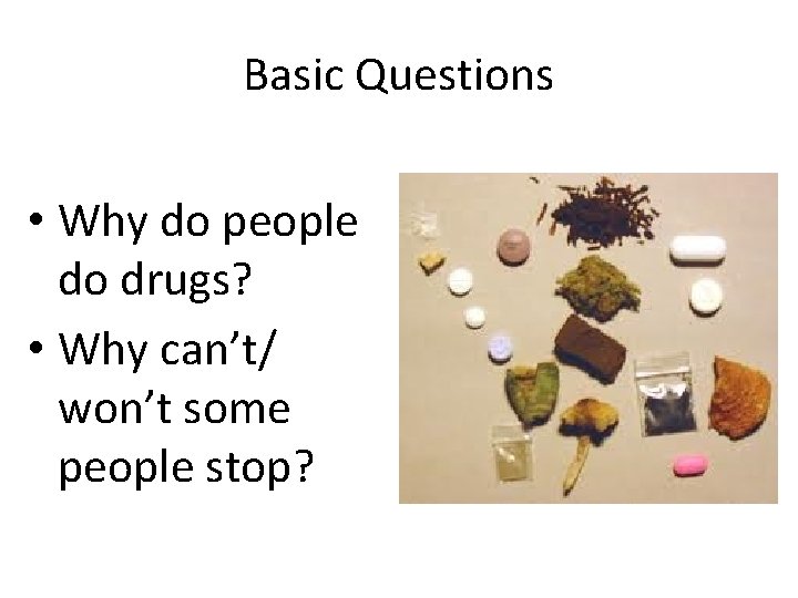 Basic Questions • Why do people do drugs? • Why can’t/ won’t some people