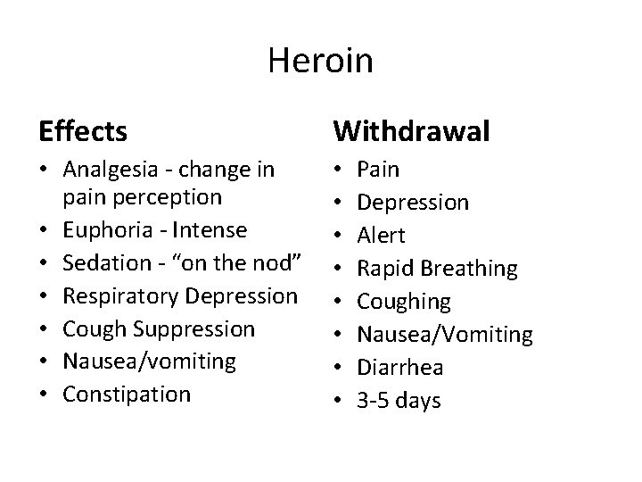 Heroin Effects Withdrawal • Analgesia - change in pain perception • Euphoria - Intense