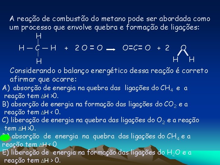 A reação de combustão do metano pode ser abordada como um processo que envolve