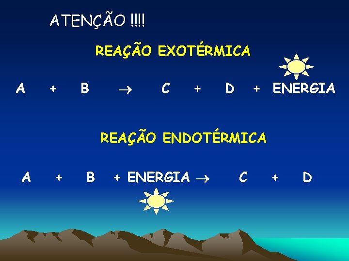 ATENÇÃO !!!! REAÇÃO EXOTÉRMICA A + B C + D + ENERGIA REAÇÃO ENDOTÉRMICA