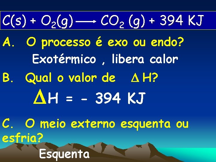 C(s) + O 2(g) CO 2 (g) + 394 KJ A. O processo é